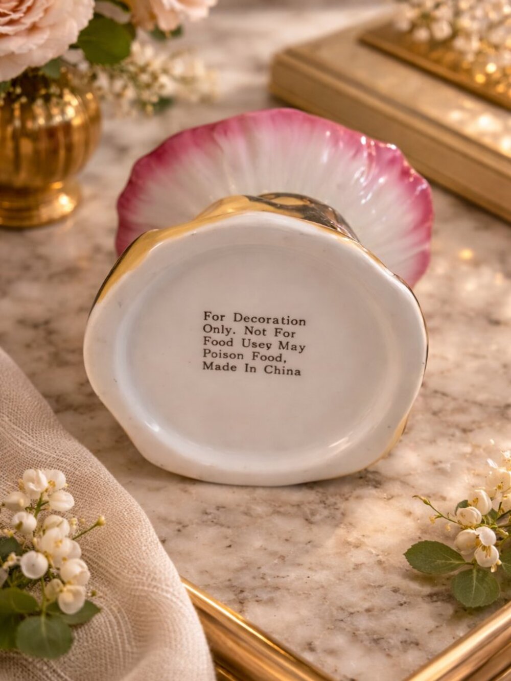 Hand Painted Floral Glazed Ceramic Wax Melt Warmers Set 2 Pink Gold New - Picture 5 of 8